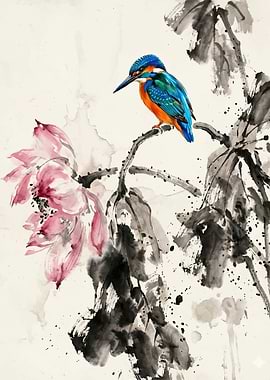 Kingfisher on Lotus Branch