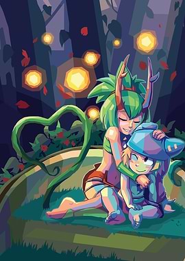 Two fantasy characters hugging in a forest