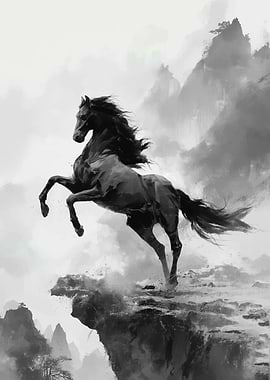Black Horse Rearing on Cliff Edge