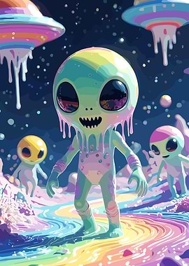 Cute Aliens and UFOs in a Rainbow World
