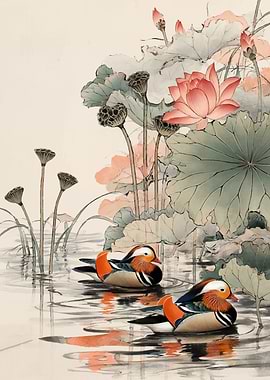 Mandarin Ducks in a Lotus Pond
