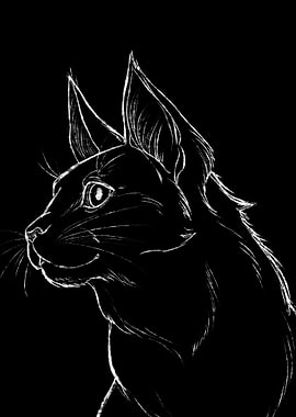 White Cat Sketch on Black Background