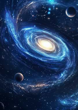 Swirling Blue Galaxy with Planets