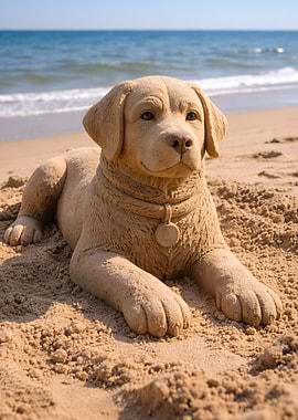 Sand Sculpture of a Dog on a Beach
