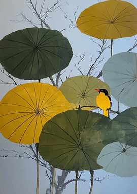 Yellow Bird on Lotus Leaves