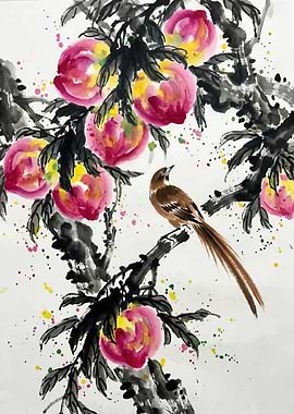 Bird on a branch with peaches