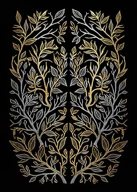 Gold and Silver Botanical Linocut - Dark Floral Nature Wall Art