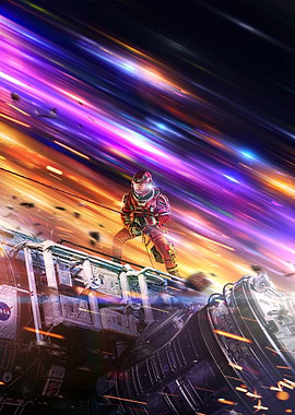 Astronaut on Space Station Amidst Cosmic Streaks