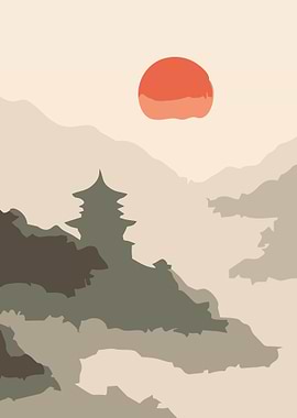Pagoda in Misty Mountains at Sunset