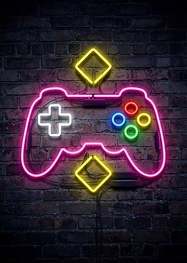 Neon Game Controller on Brick Wall