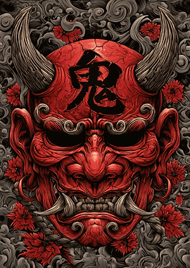 Japanese Oni Mask with Flowers