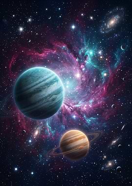 Cosmic Nebula with Planets