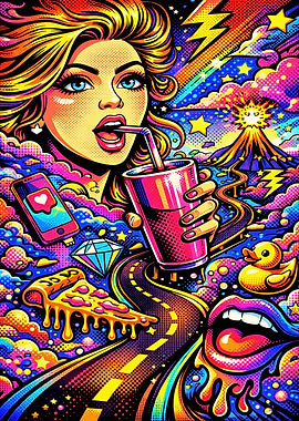 Pop Art Woman Drinking Soda with Surreal Elements