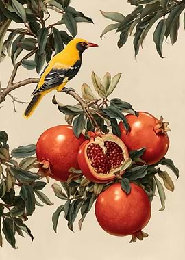 Golden Oriole on Pomegranate Branch