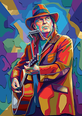 Neil Young playing guitar and harmonica