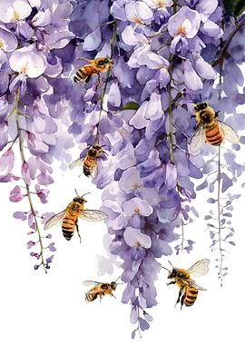 Bees on Wisteria Flowers