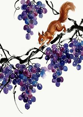 Squirrel and Grapes Watercolor Painting