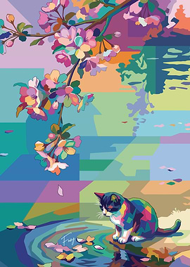 Kitten by Cherry Blossoms and Water