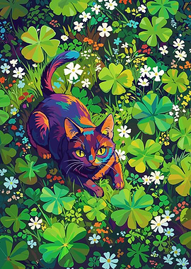 Colorful Cat in a Field of Clovers