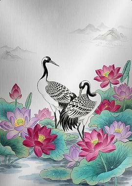 Cranes and Lotuses Painting