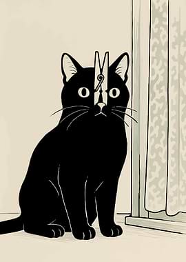 Black Cat with Clothespin on Head