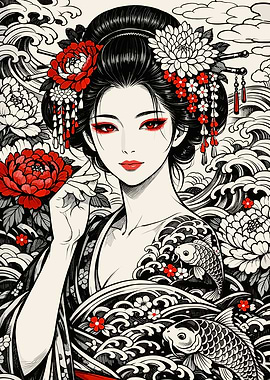 Geisha with Flowers and Koi Fish