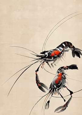 Two Japanese Ink Paintings of Shrimp