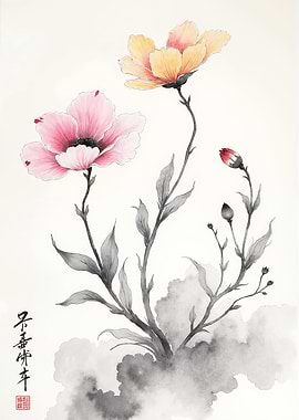 Japanese Floral Ink Painting