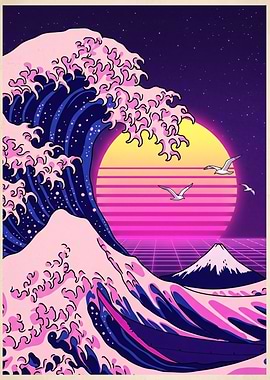 Retro Wave Great Wave with Mount Fuji