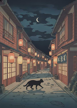 Black Cat in a Japanese Street at Night