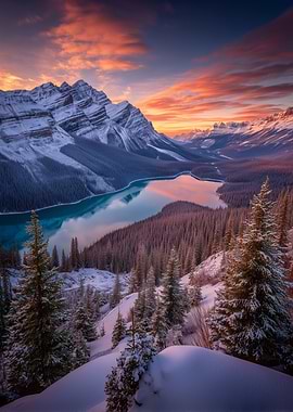 Snowy Mountain Peyto Lake at Sunset