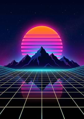 Retro Sunset Mountains Grid Landscape