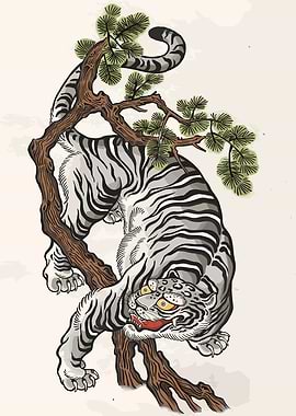 White Tiger on Pine Tree Branch