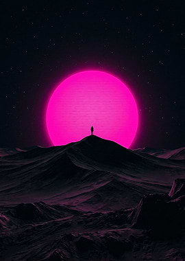 Lone figure on a hill under a pink sun