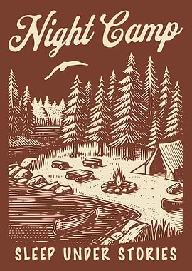 Night Camp Camping Poster Vintage Rustic Forest Campfire Lake Wall Art Outdoor Decor