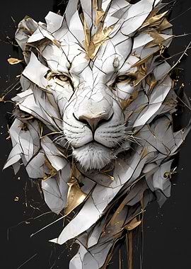Cracked White and Gold Lion Portrait
