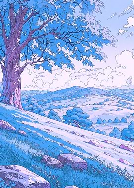 Serene Blue Landscape with Tree