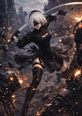 2B fighting robots in a ruined city