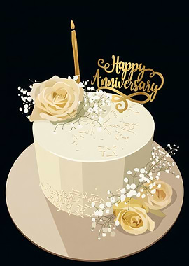 Anniversary Cake with Roses and Candle