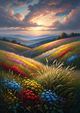 Vibrant Wildflower Meadow at Sunset