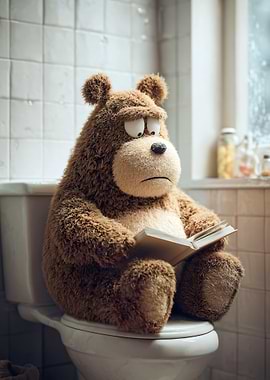 Sad teddy bear reading on toilet