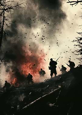 Soldiers advancing through fire and smoke