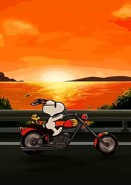 Snoopy riding a motorcycle at sunset