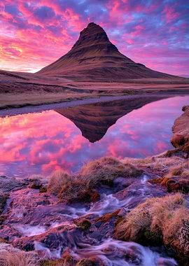 Kirkjufell Mountain Reflection at Sunset