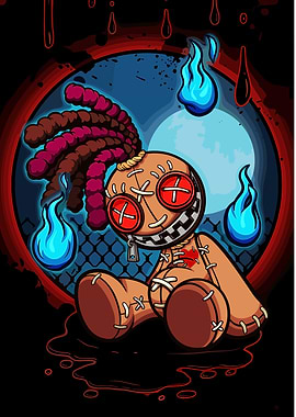 Creepy Voodoo Doll with Blue Flames