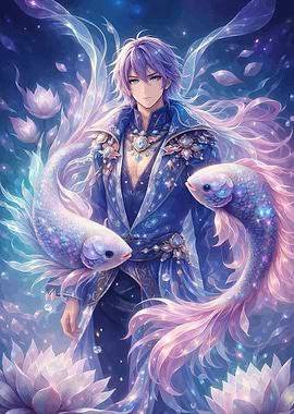 Anime Boy with Koi Fish and Lotuses