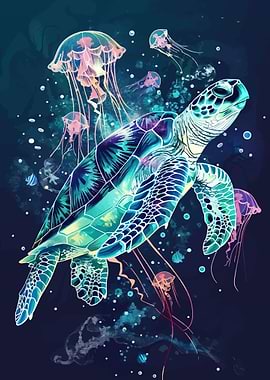 Sea Turtle and Jellyfish