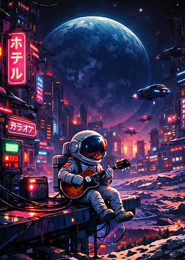 Astronaut playing guitar on alien planet