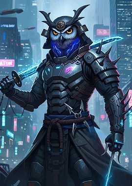 Cyberpunk Samurai Owl Warrior