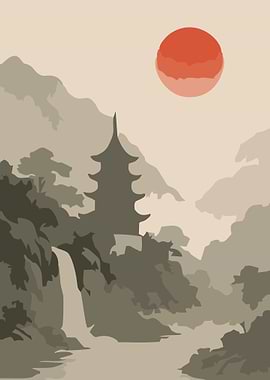 Misty Japanese Landscape with Pagoda and Sun